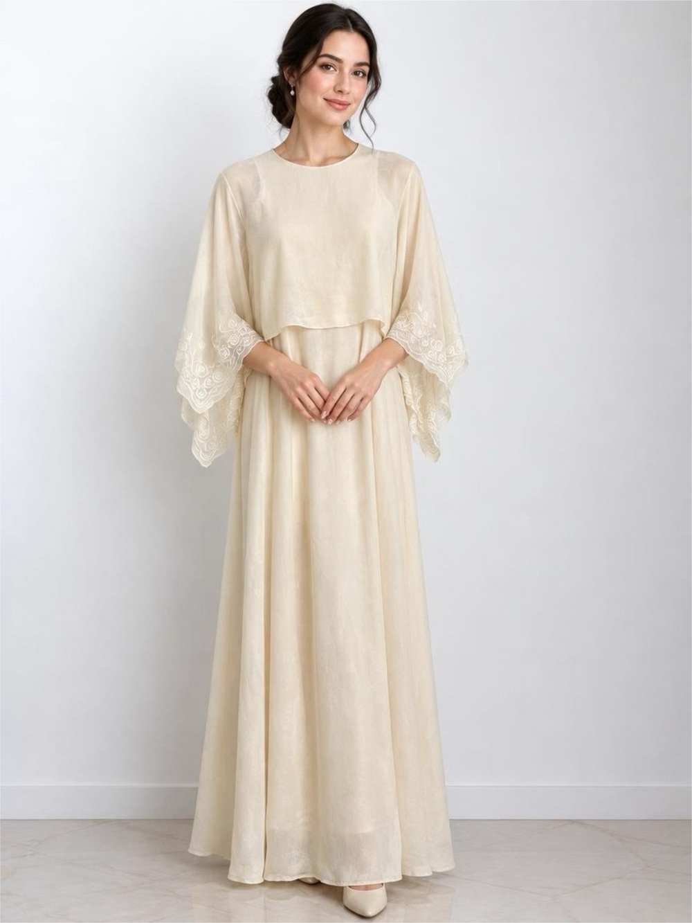 Tahari Cream Layered Maxi Dress with Embroidered Cape